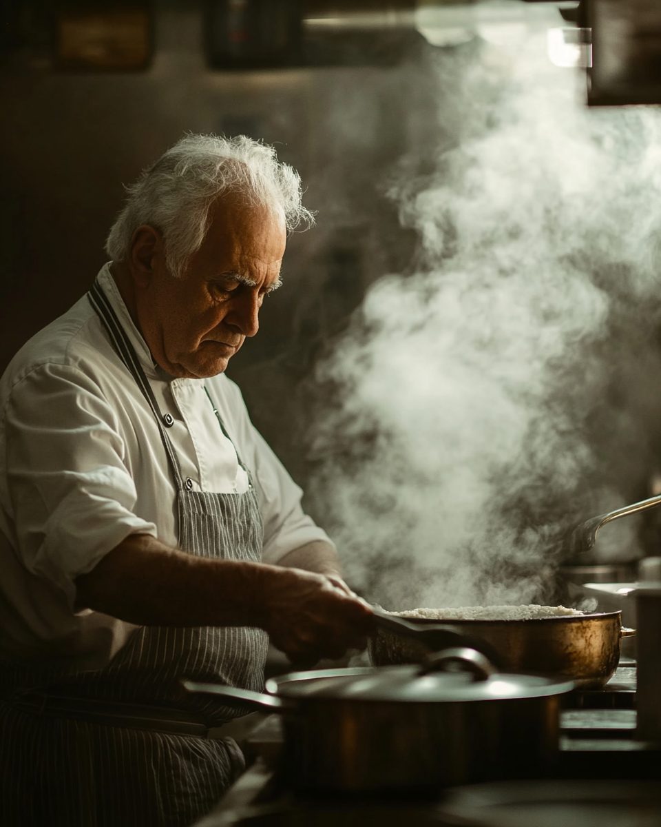 Italienischer Koch in einer kleinen Trattoria-Küche, Dampf steigt aus einem Topf